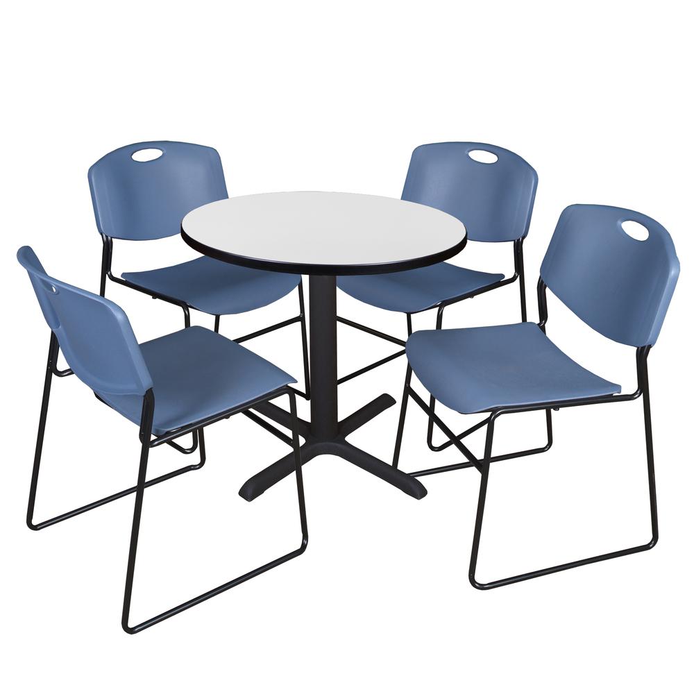 Regency Cain 30 in. Round Breakroom Table- White & 4 Zeng Stack Chairs- Blue. Picture 1