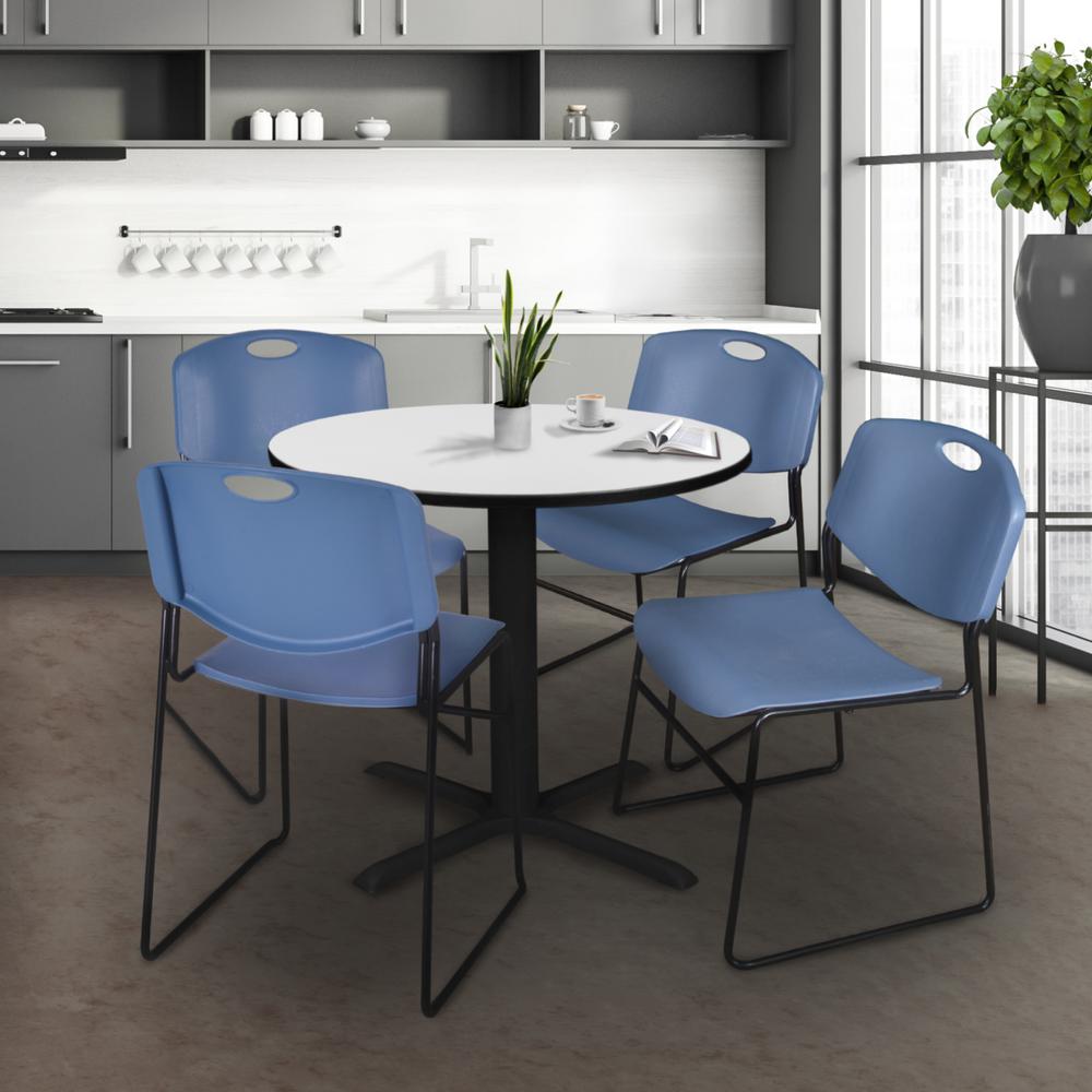 Regency Cain 30 in. Round Breakroom Table- White & 4 Zeng Stack Chairs- Blue. Picture 8