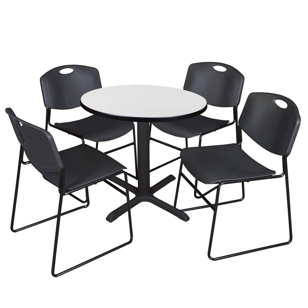 Regency Cain 30 in. Round Breakroom Table- White & 4 Zeng Stack Chairs- Black. Picture 1