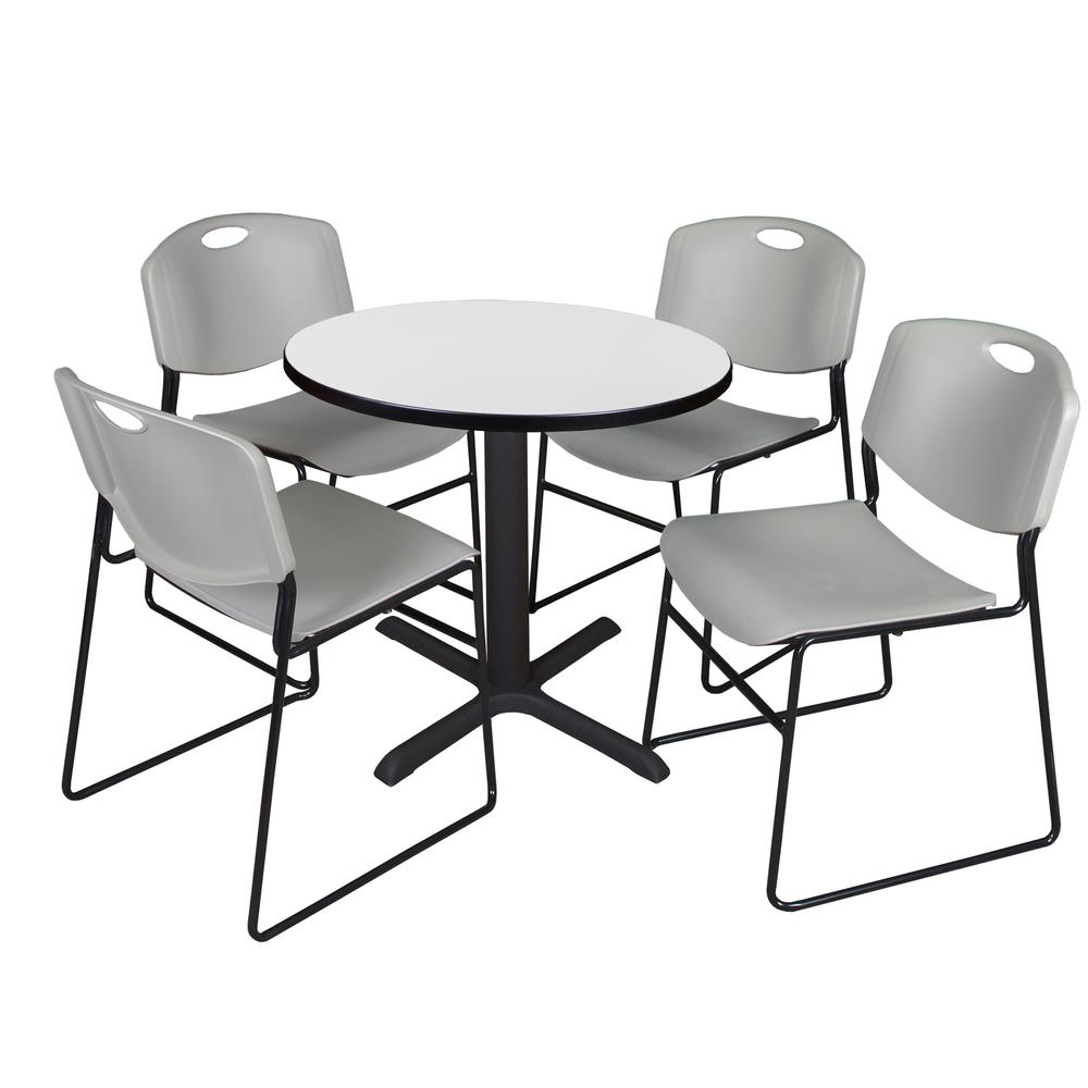 Regency Cain 30 in. Round Breakroom Table- White & 4 Zeng Stack Chairs- Grey. Picture 1
