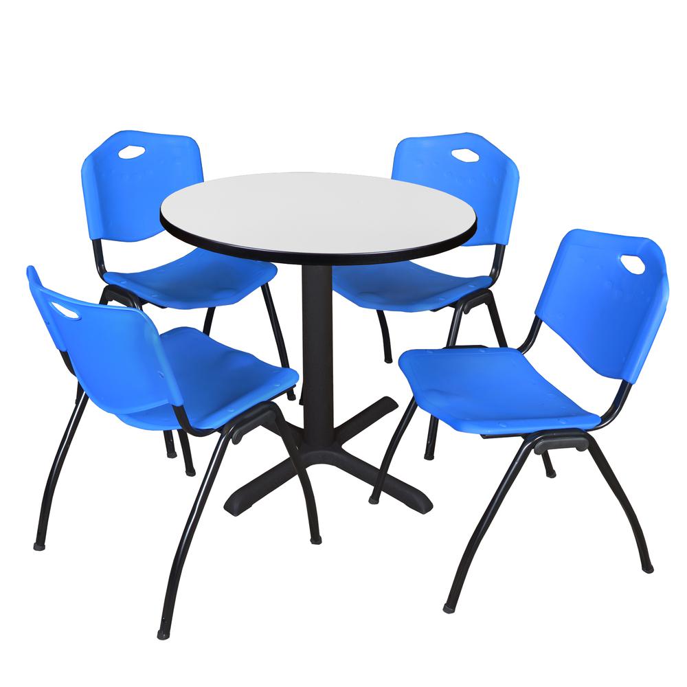 Regency Cain 30 in. Round Breakroom Table- White & 4 M Stack Chairs- Blue. Picture 1