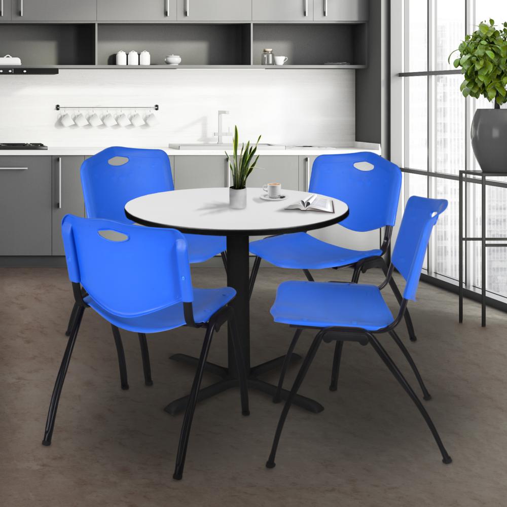 Regency Cain 30 in. Round Breakroom Table- White & 4 M Stack Chairs- Blue. Picture 8