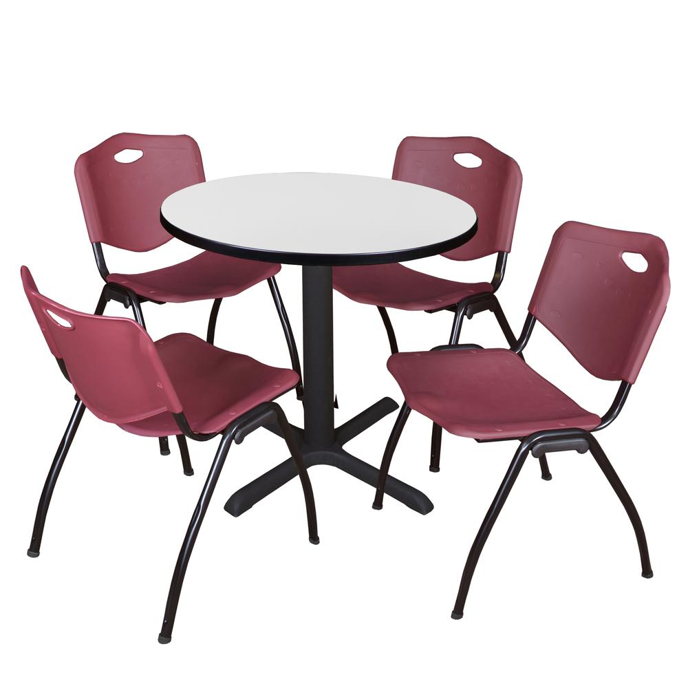Regency Cain 30 in. Round Breakroom Table- White & 4 M Stack Chairs- Burgundy. Picture 1
