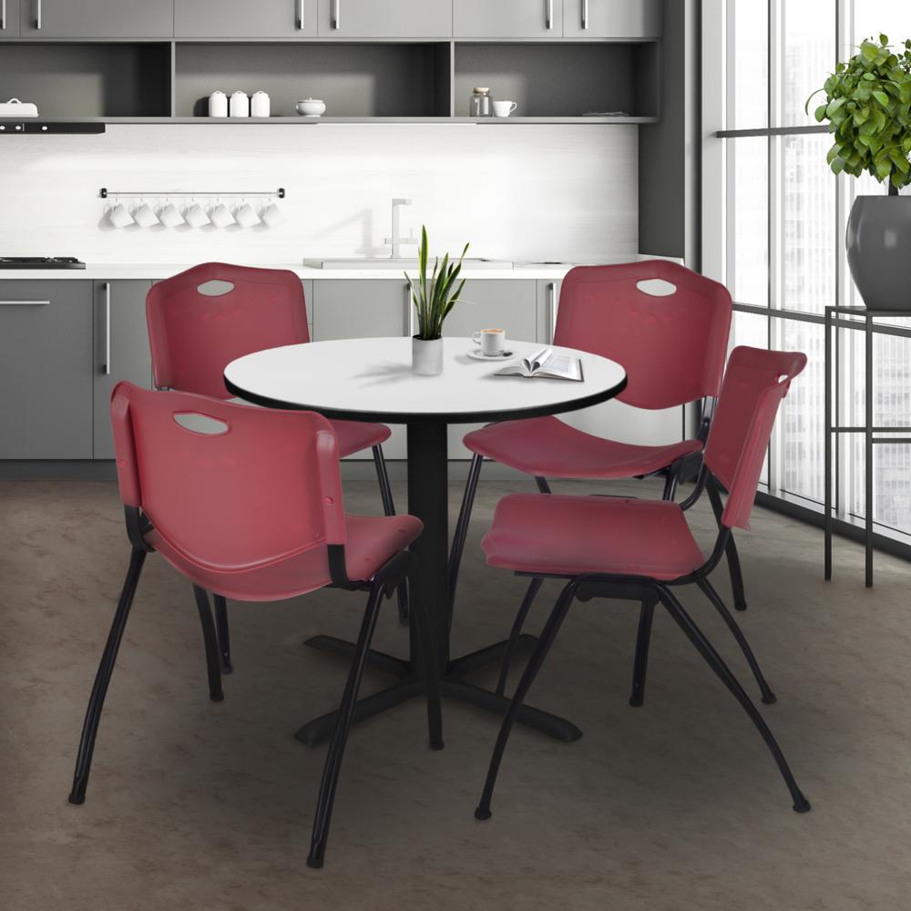 Regency Cain 30 in. Round Breakroom Table- White & 4 M Stack Chairs- Burgundy. Picture 8