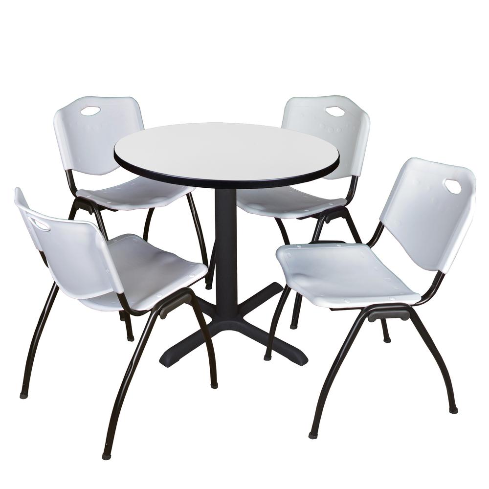 Regency Cain 30 in. Round Breakroom Table- White & 4 M Stack Chairs- Grey. Picture 1