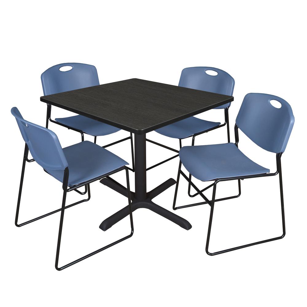Regency Cain 36 in. Square Breakroom Table- Ash Grey & 4 Zeng Stack Chairs- Blue. Picture 1