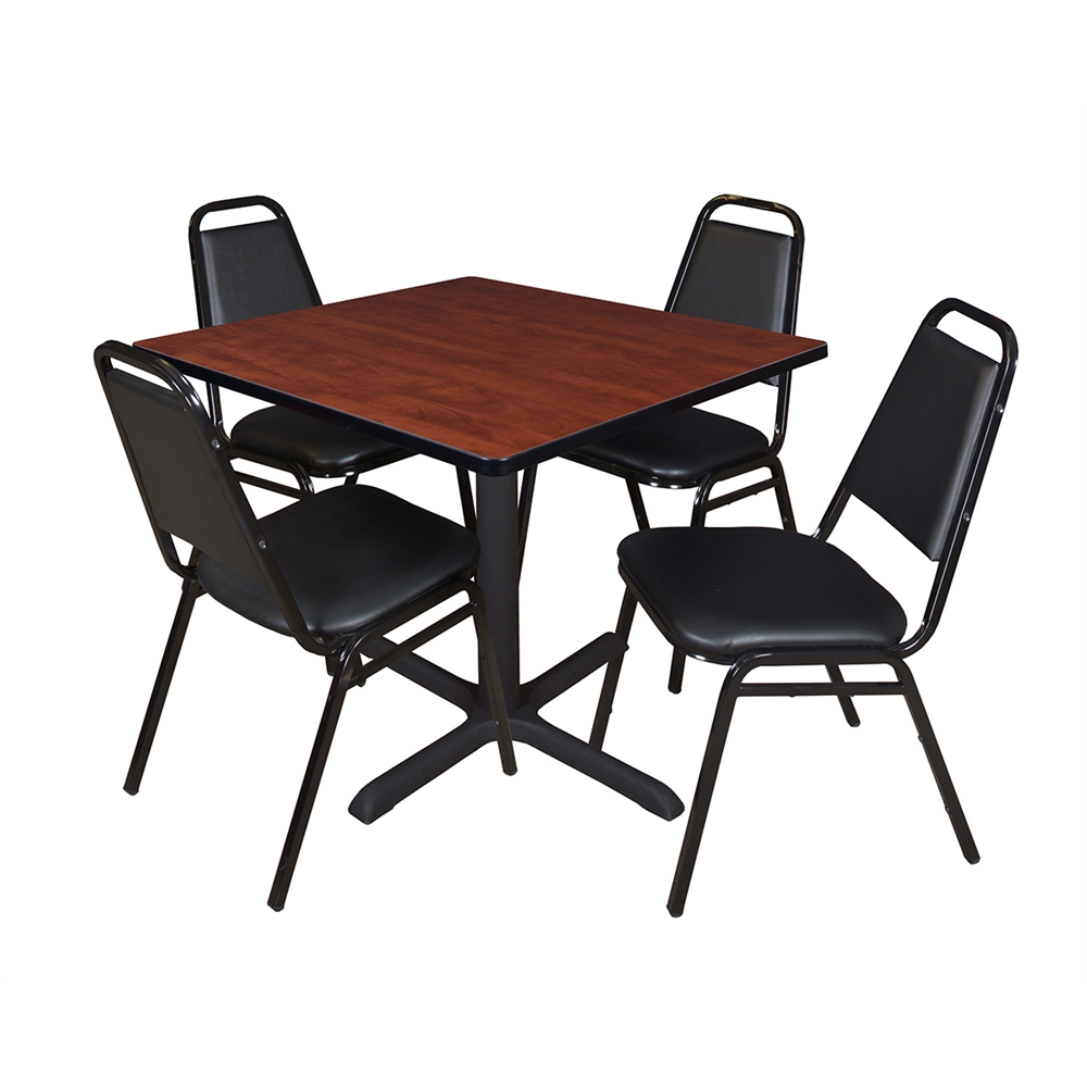 Cain 36" Square Breakroom Table- Cherry & 4 Restaurant Stack Chairs- Black. Picture 1