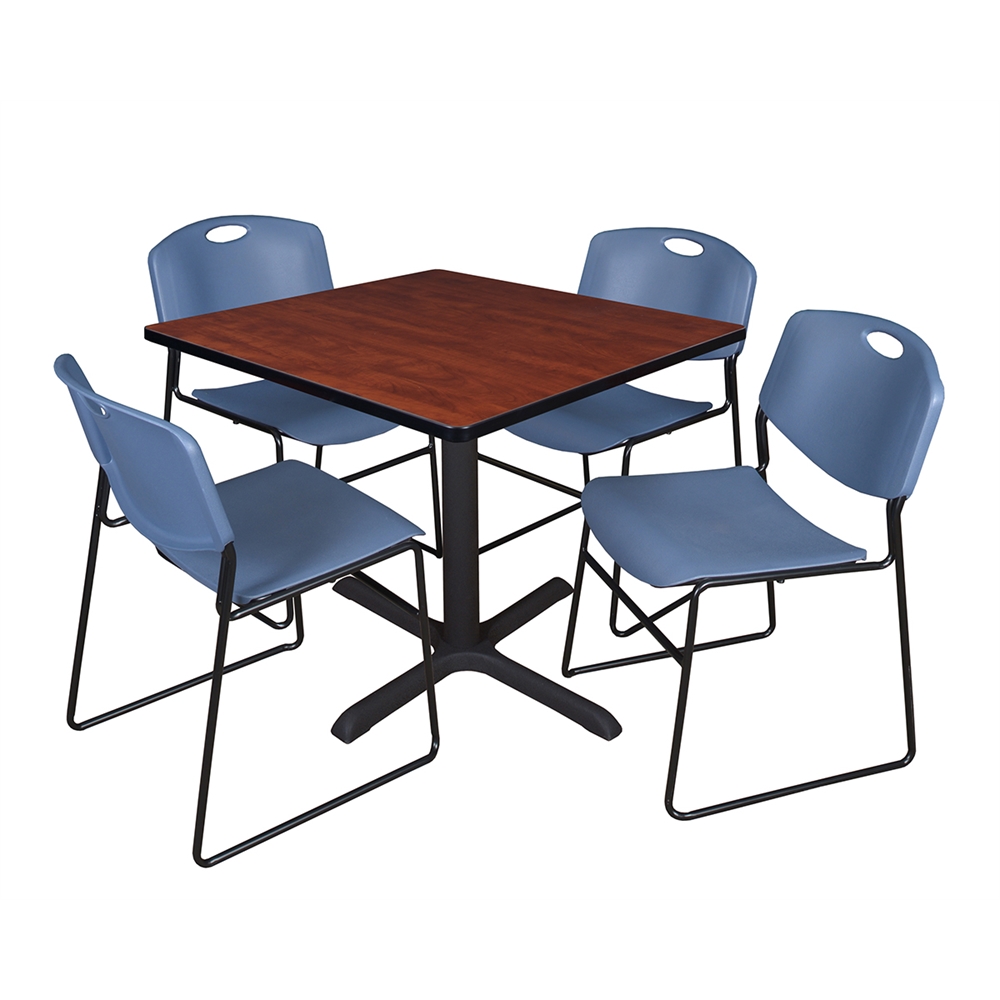 Cain 36" Square Breakroom Table- Cherry & 4 Zeng Stack Chairs- Blue. Picture 1