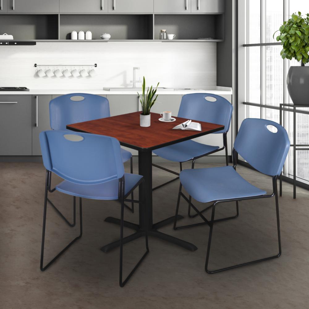 Cain 36" Square Breakroom Table- Cherry & 4 Zeng Stack Chairs- Blue. Picture 2