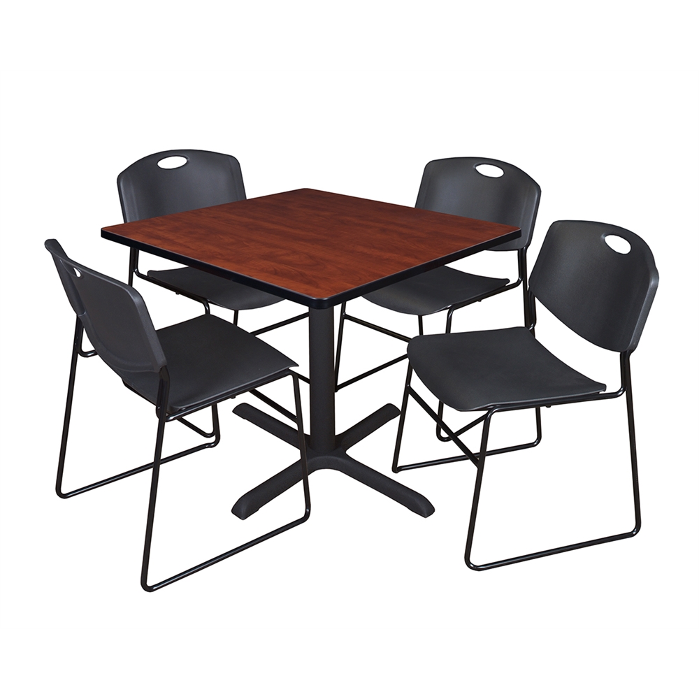 Cain 36" Square Breakroom Table- Cherry & 4 Zeng Stack Chairs- Black. Picture 1