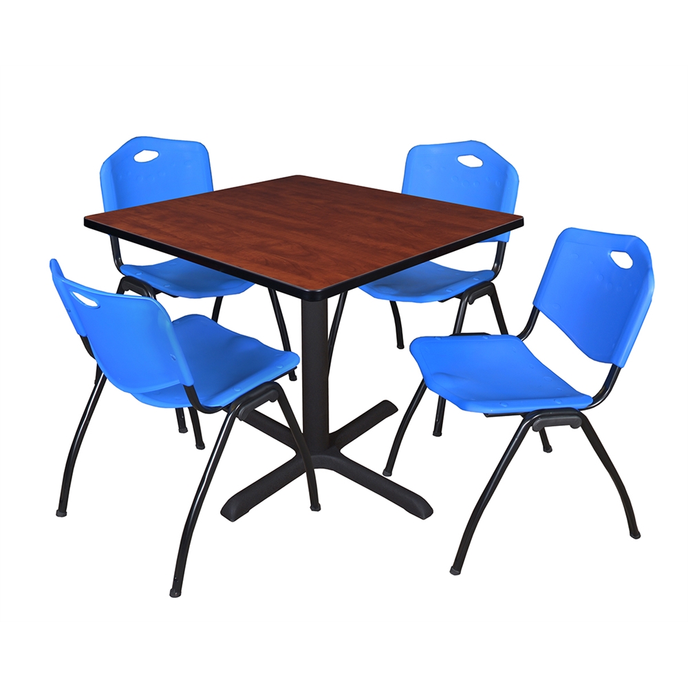 Cain 36" Square Breakroom Table- Cherry & 4 'M' Stack Chairs- Blue. Picture 1