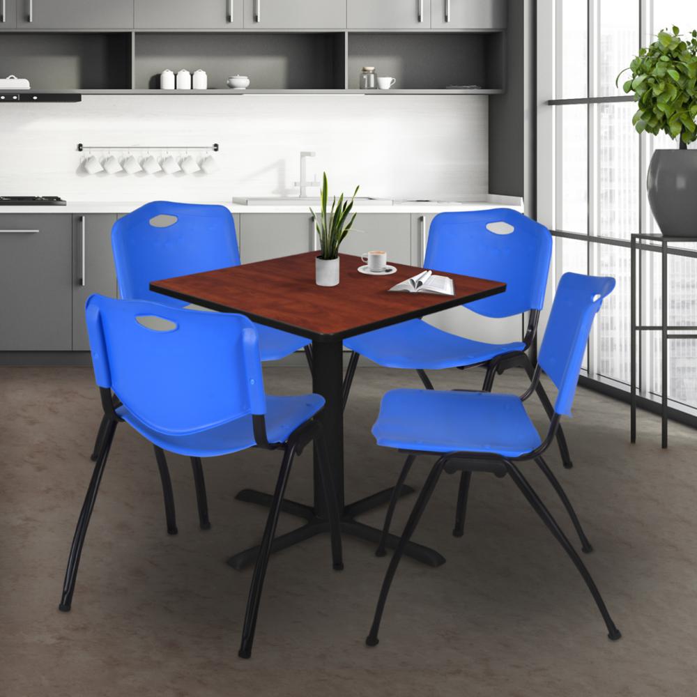 Cain 36" Square Breakroom Table- Cherry & 4 'M' Stack Chairs- Blue. Picture 2