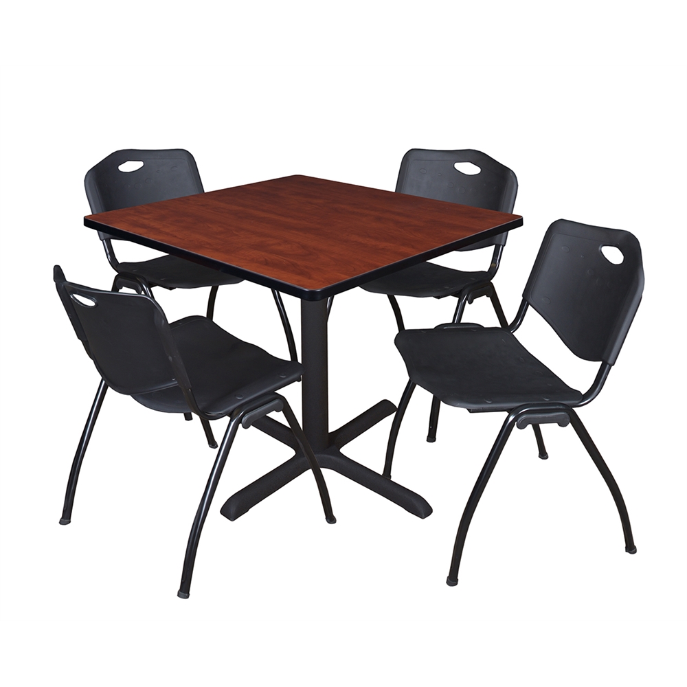 Cain 36" Square Breakroom Table- Cherry & 4 'M' Stack Chairs- Black. Picture 1