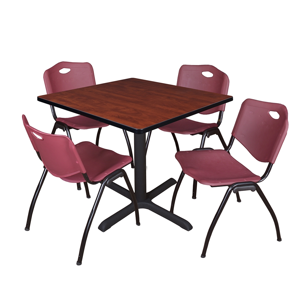 Cain 36" Square Breakroom Table- Cherry & 4 'M' Stack Chairs- Burgundy. Picture 1