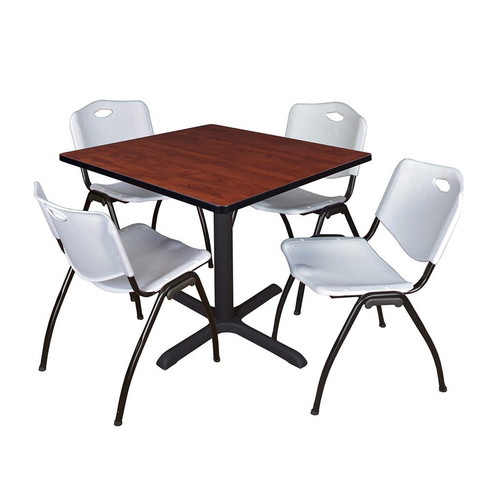 Cain 36" Square Breakroom Table- Cherry & 4 'M' Stack Chairs- Grey. Picture 1