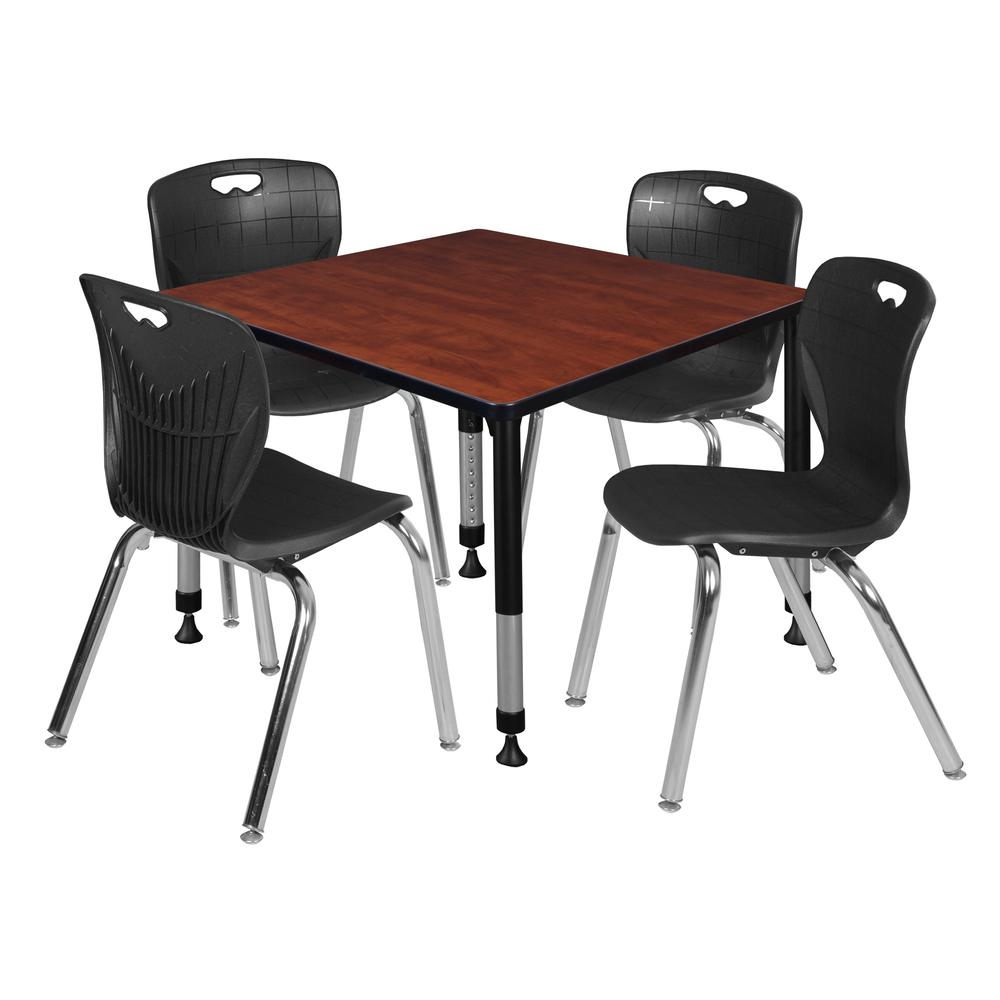 Kee 36" Square Height Adjustable  Classroom Table - Cherry & 4 Andy 18-in Stack Chairs- Black. Picture 1