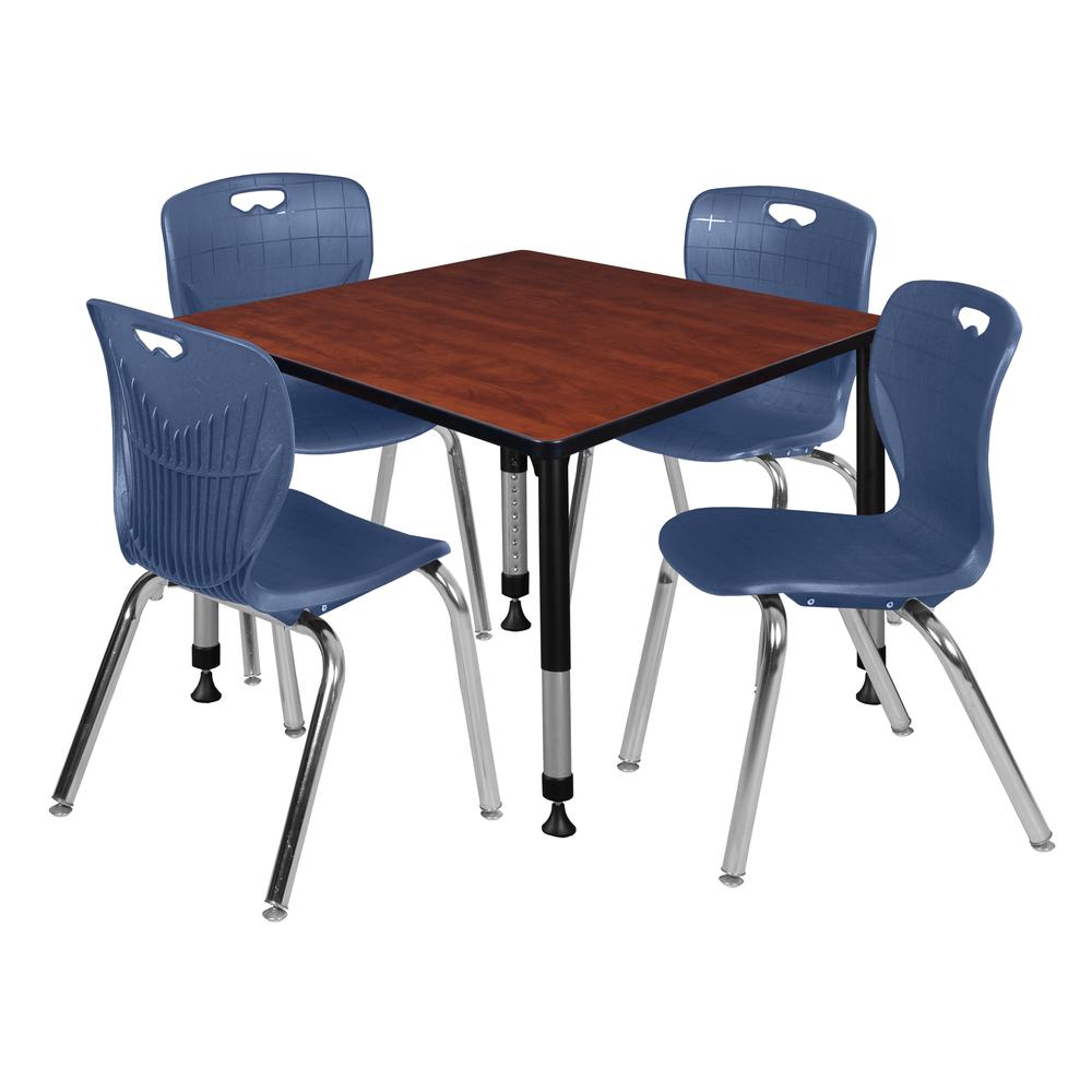 Kee 36" Square Height Adjustable  Classroom Table - Cherry & 4 Andy 18-in Stack Chairs- Navy Blue. Picture 1