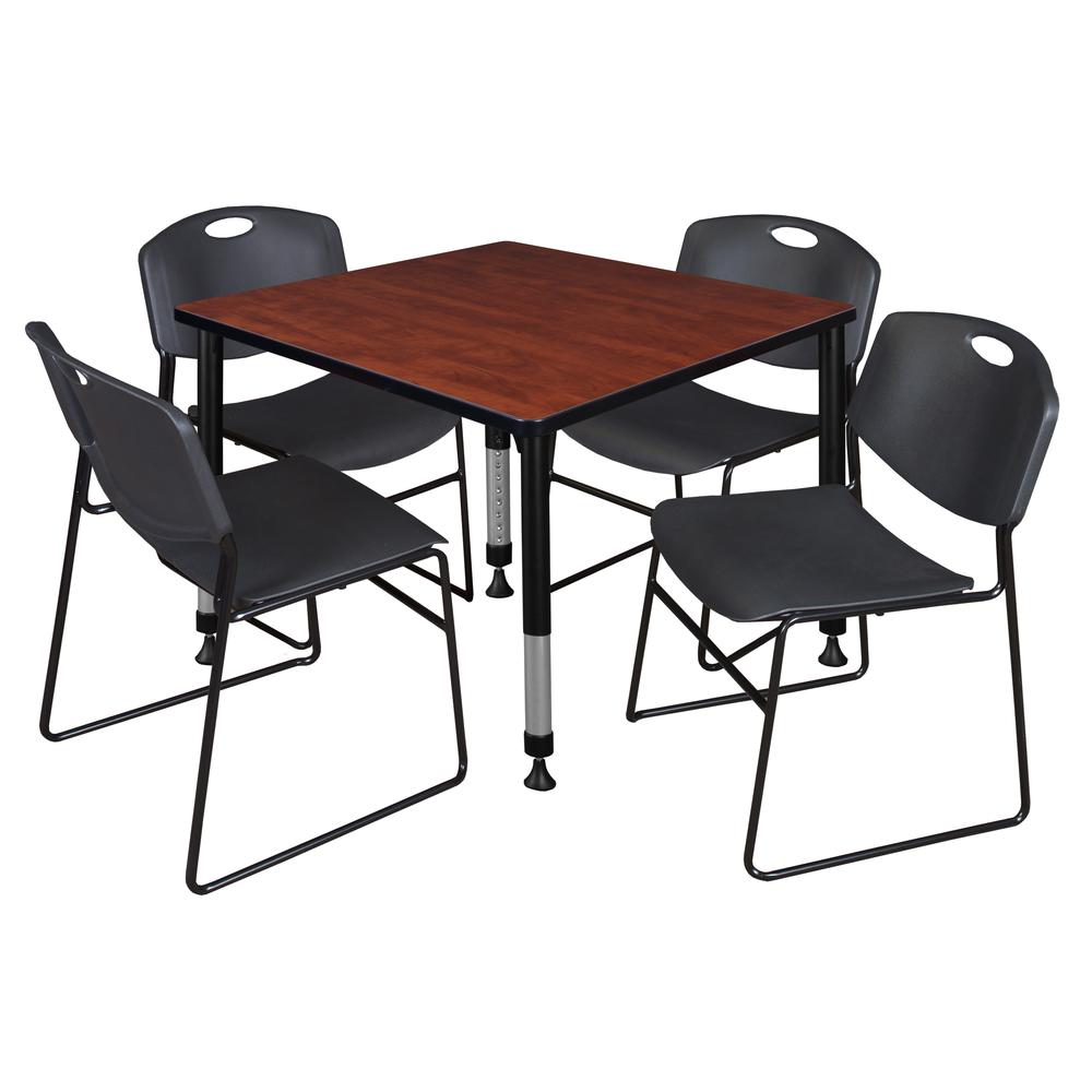 Kee 36" Square Height Adjustable  Classroom Table - Cherry & 4 Zeng Stack Chairs- Black. Picture 1