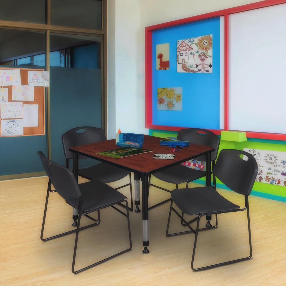 Kee 36" Square Height Adjustable  Classroom Table - Cherry & 4 Zeng Stack Chairs- Black. Picture 7