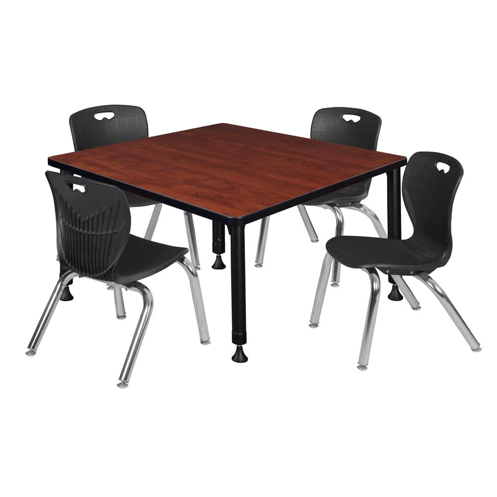 Kee 36" Square Height Adjustable  Classroom Table - Cherry & 4 Andy 12-in Stack Chairs- Black. Picture 1