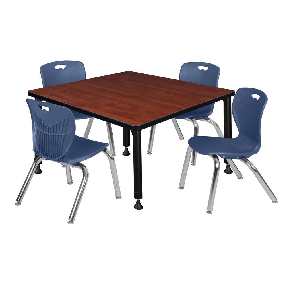 Kee 36" Square Height Adjustable  Classroom Table - Cherry & 4 Andy 12-in Stack Chairs- Navy Blue. Picture 1