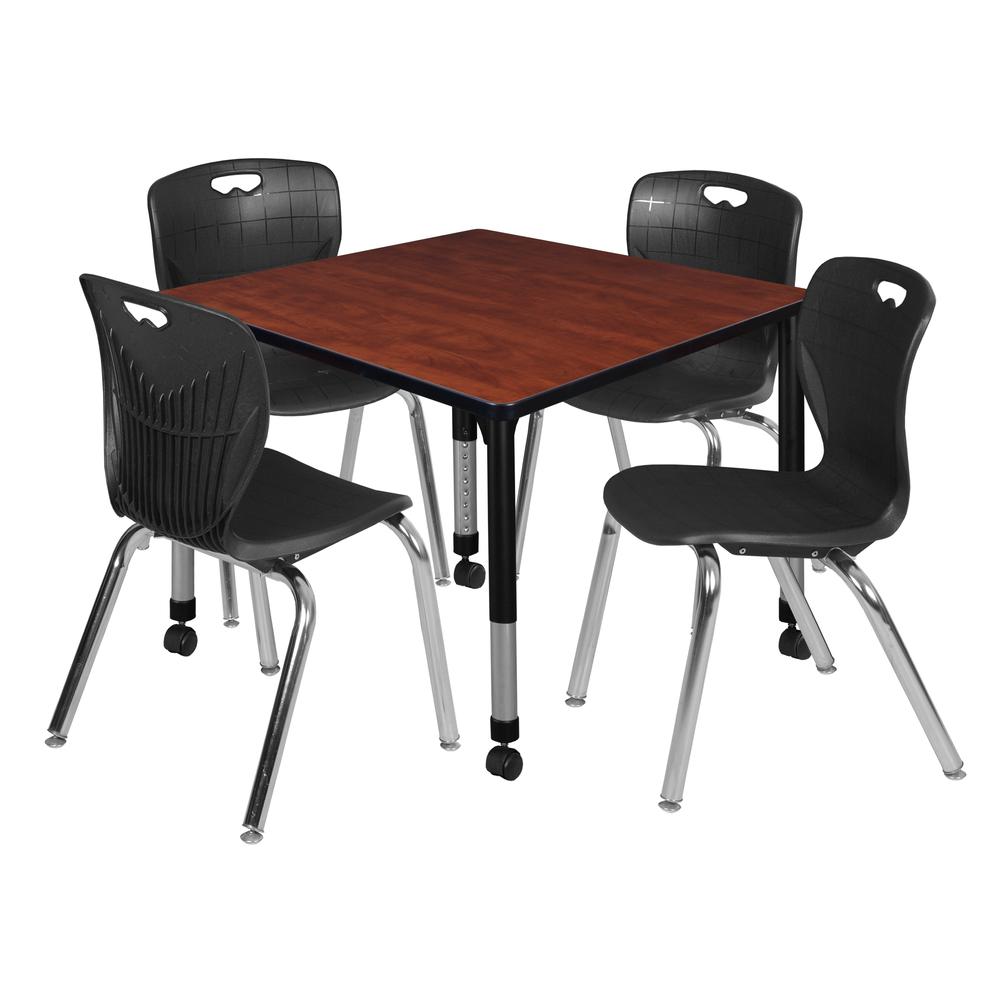 Kee 36" Square Height Adjustable  Mobile Classroom Table - Cherry & 4 Andy 18-in Stack Chairs- Black. Picture 1