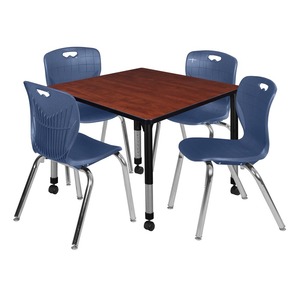 Kee 36" Square Height Adjustable  Mobile Classroom Table - Cherry & 4 Andy 18-in Stack Chairs- Navy Blue. Picture 1