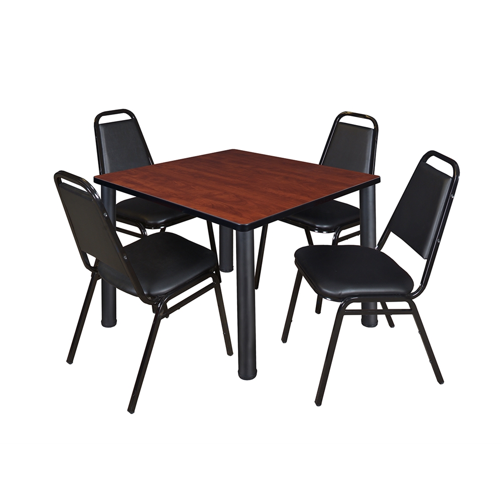 Kee 36" Square Breakroom Table- Cherry/ Black & 4 Restaurant Stack Chairs- Black. Picture 1