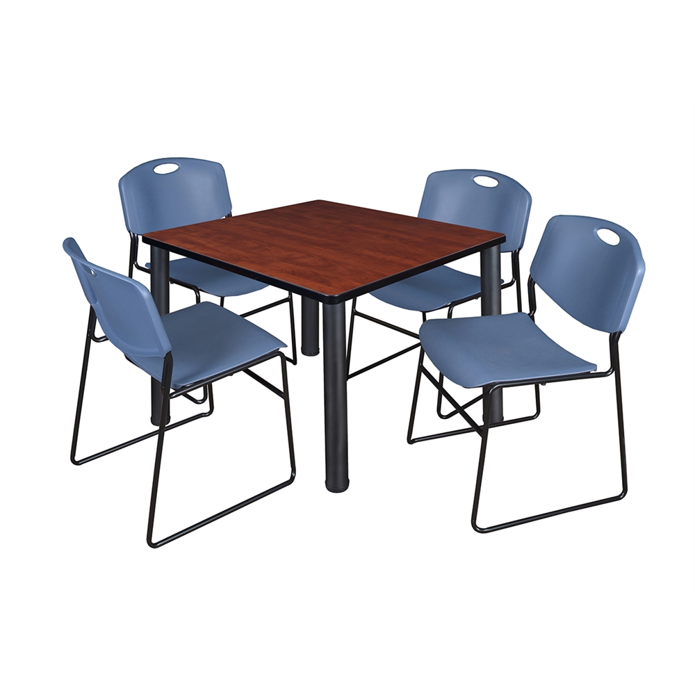 Kee 36" Square Breakroom Table- Cherry/ Black & 4 Zeng Stack Chairs- Blue. Picture 1
