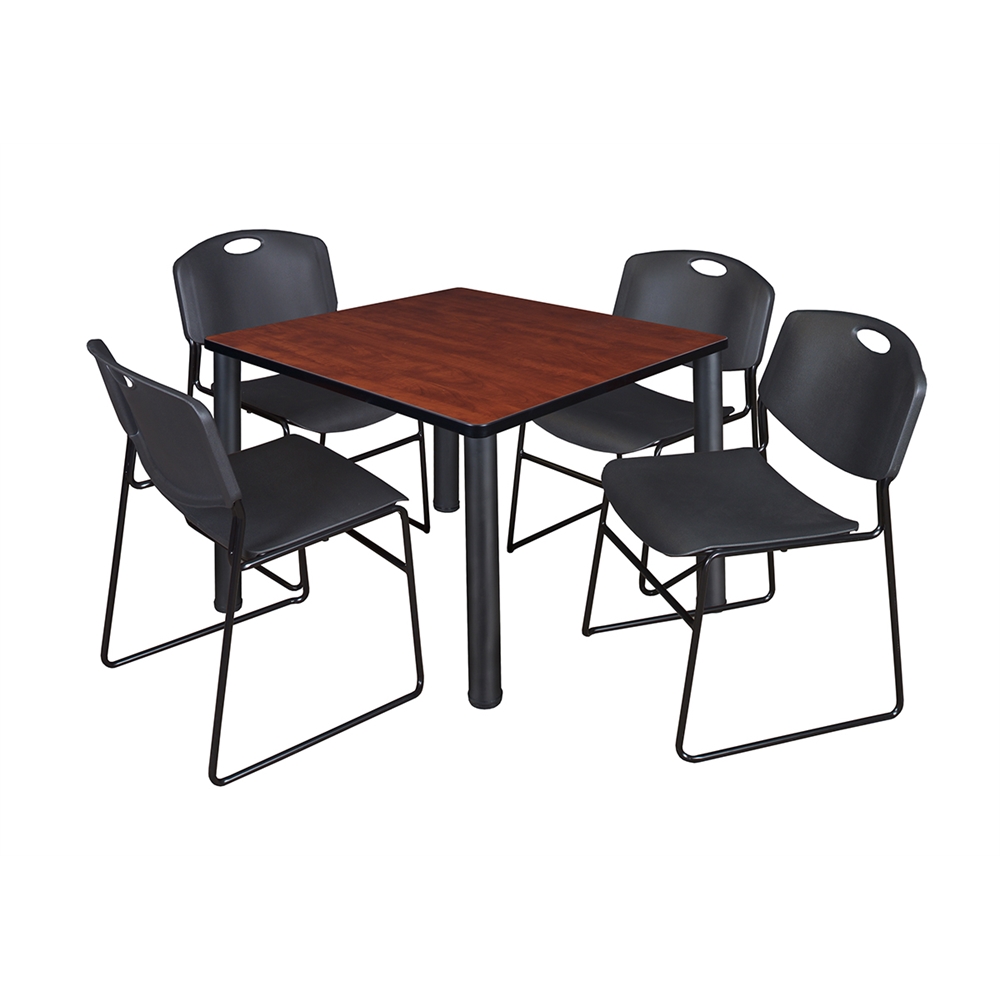 Kee 36" Square Breakroom Table- Cherry/ Black & 4 Zeng Stack Chairs- Black. Picture 1