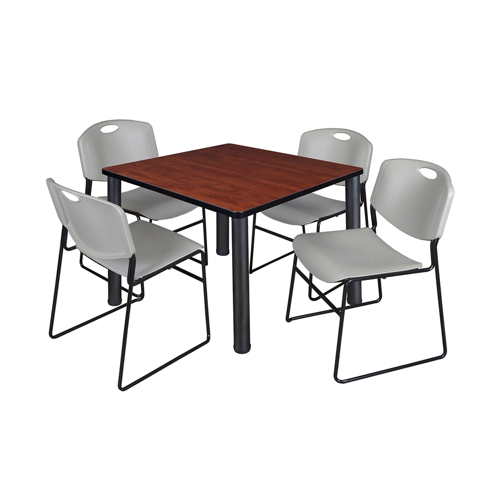 Kee 36" Square Breakroom Table- Cherry/ Black & 4 Zeng Stack Chairs- Grey. Picture 1