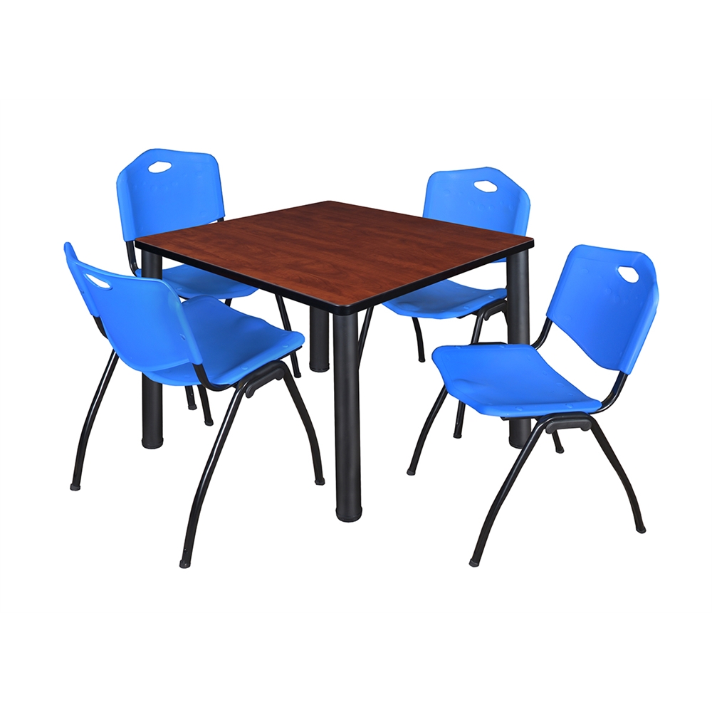 Kee 36" Square Breakroom Table- Cherry/ Black & 4 'M' Stack Chairs- Blue. Picture 1