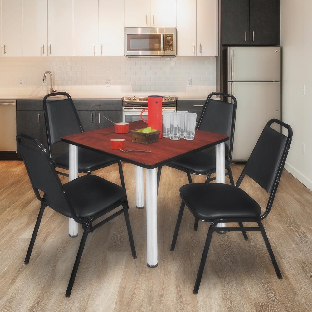 Kee 36" Square Breakroom Table- Cherry/ Chrome & 4 Restaurant Stack Chairs- Black. Picture 2