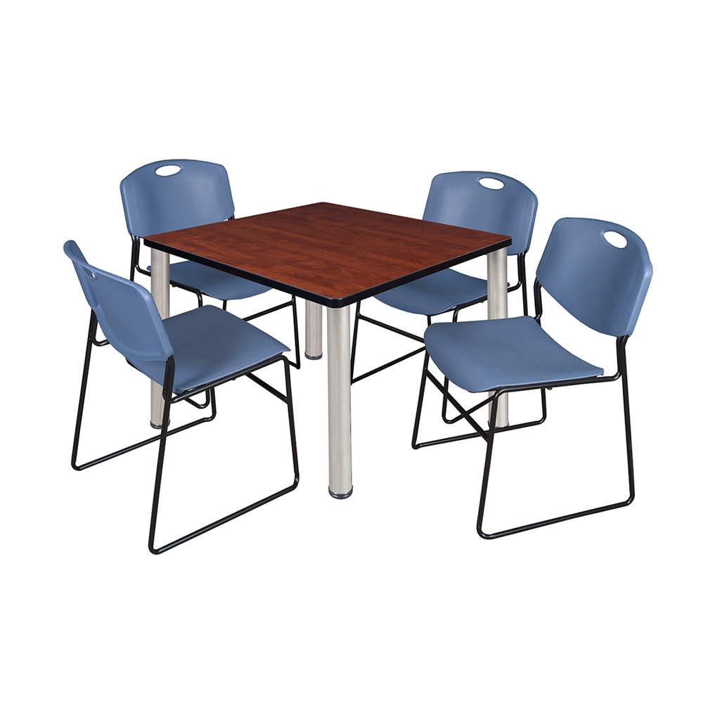Kee 36" Square Breakroom Table- Cherry/ Chrome & 4 Zeng Stack Chairs- Blue. Picture 1