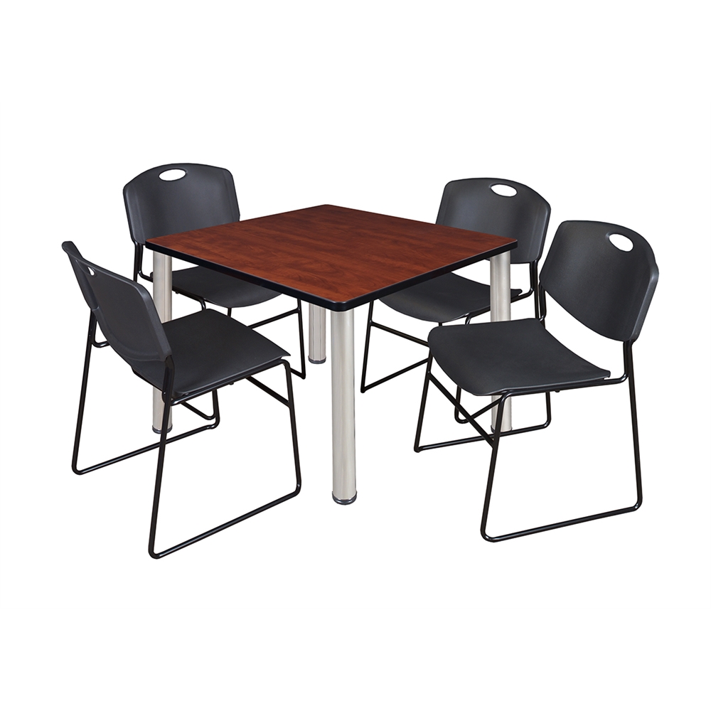 Kee 36" Square Breakroom Table- Cherry/ Chrome & 4 Zeng Stack Chairs- Black. Picture 1
