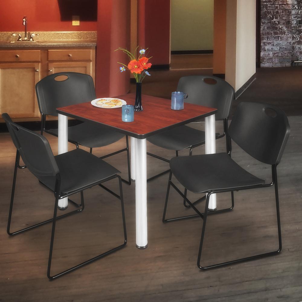 Kee 36" Square Breakroom Table- Cherry/ Chrome & 4 Zeng Stack Chairs- Black. Picture 2