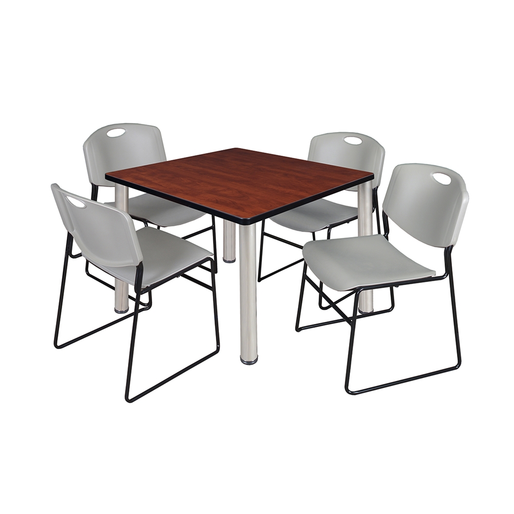 Kee 36" Square Breakroom Table- Cherry/ Chrome & 4 Zeng Stack Chairs- Grey. Picture 1