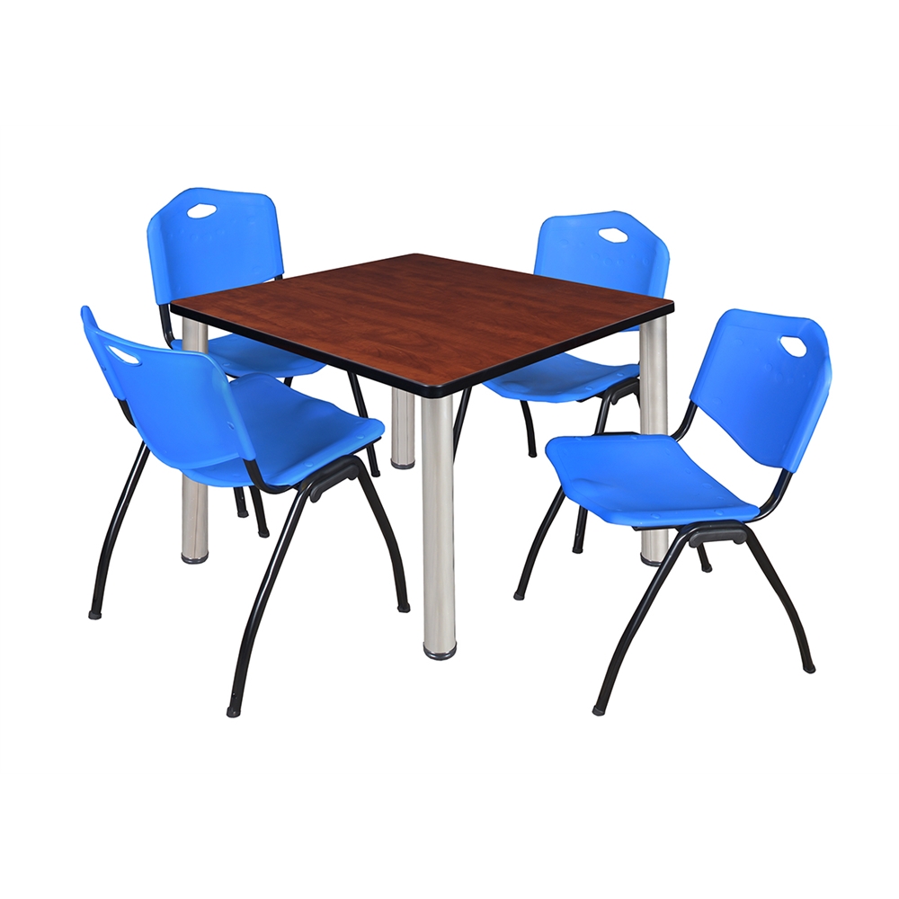Kee 36" Square Breakroom Table- Cherry/ Chrome & 4 'M' Stack Chairs- Blue. Picture 1
