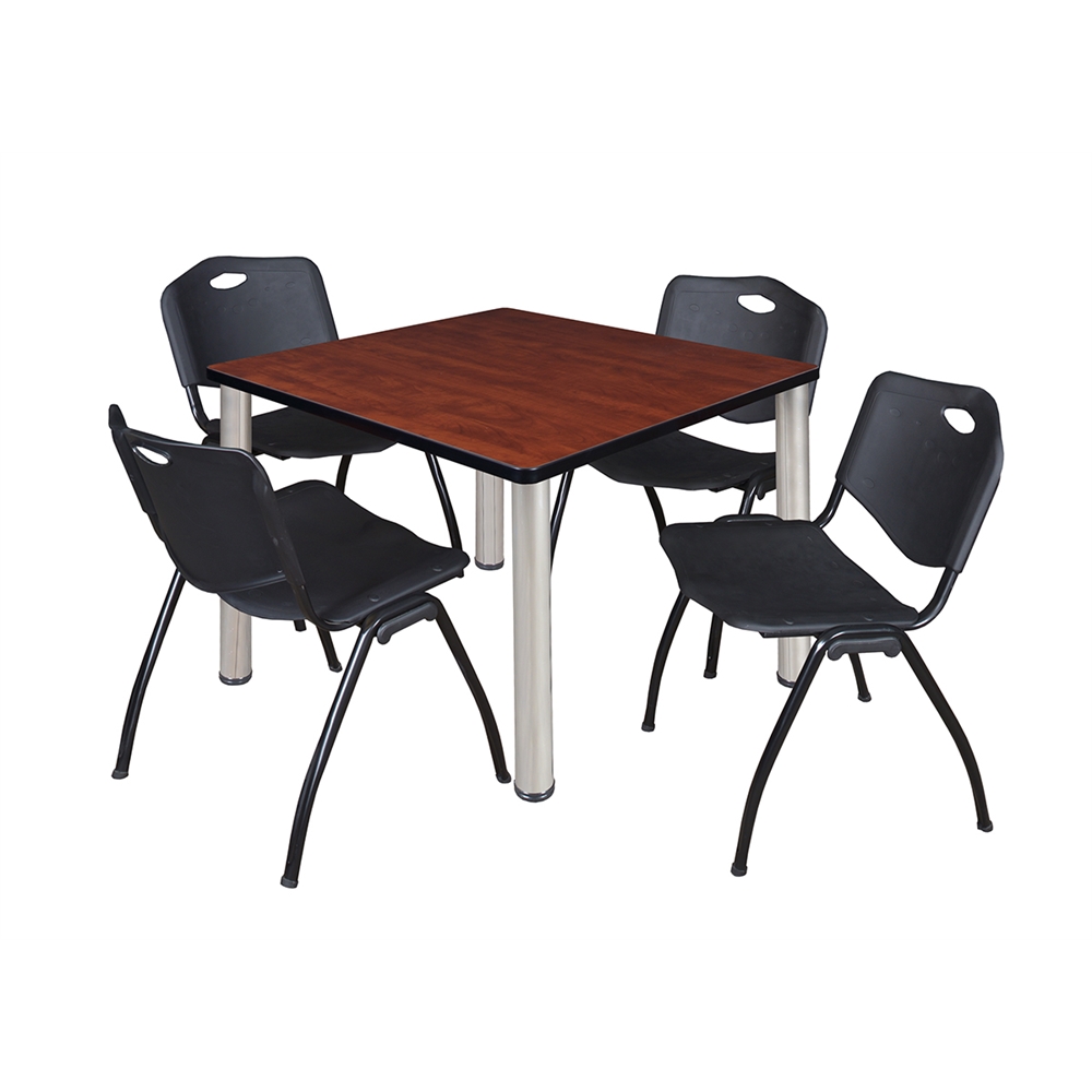 Kee 36" Square Breakroom Table- Cherry/ Chrome & 4 'M' Stack Chairs- Black. Picture 1