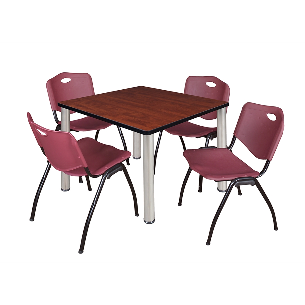 Kee 36" Square Breakroom Table- Cherry/ Chrome & 4 'M' Stack Chairs- Burgundy. Picture 1