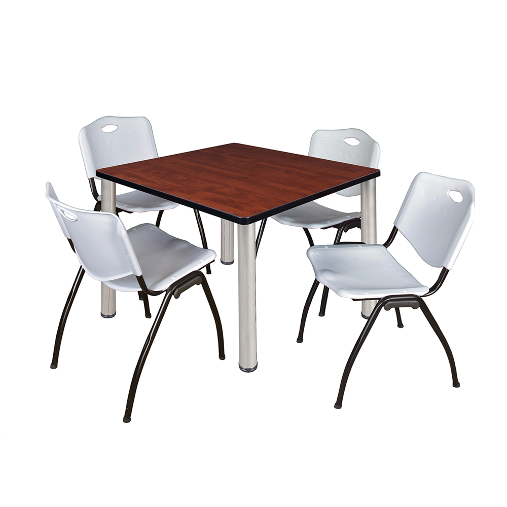 Kee 36" Square Breakroom Table- Cherry/ Chrome & 4 'M' Stack Chairs- Grey. Picture 1