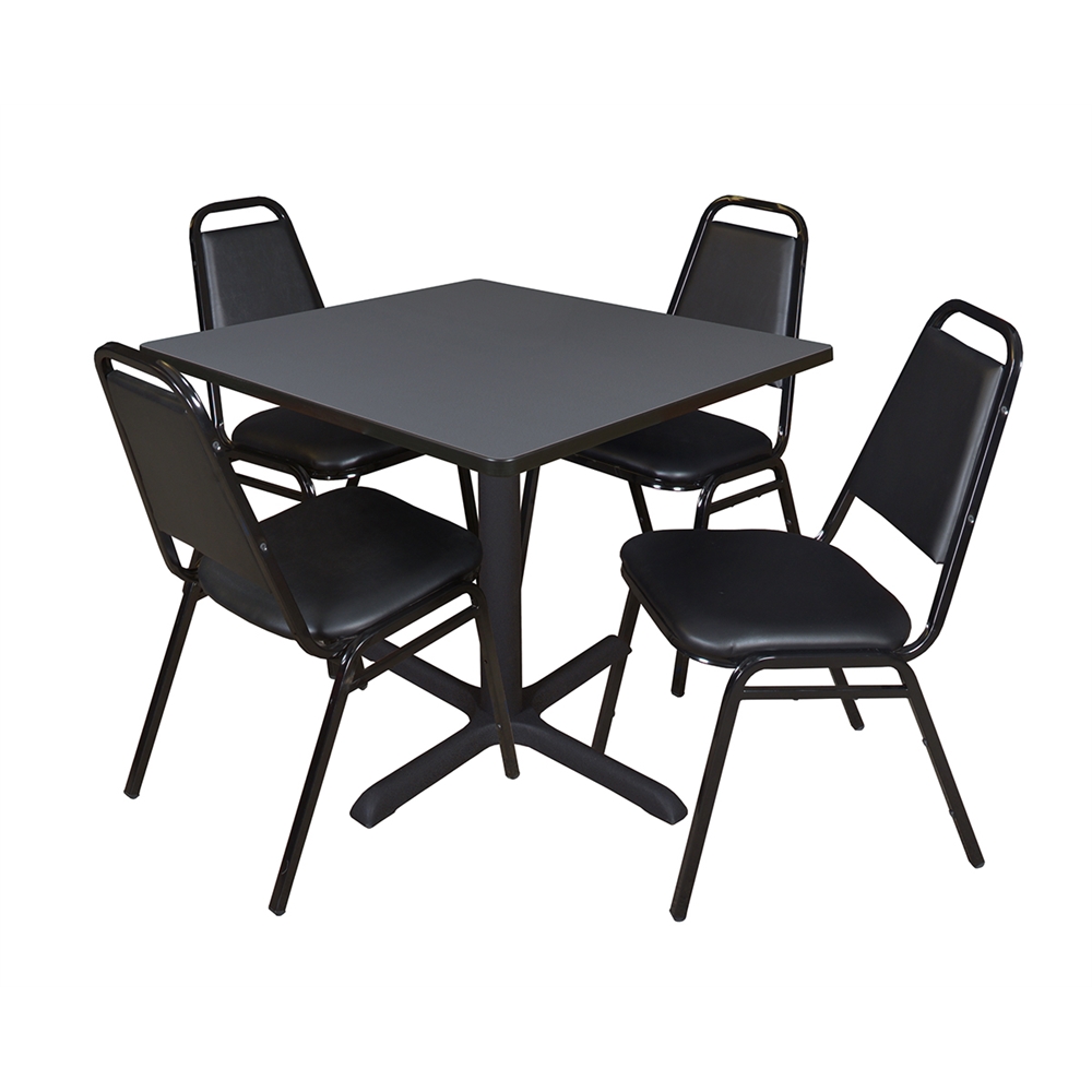 Cain 36" Square Breakroom Table- Grey & 4 Restaurant Stack Chairs- Black. Picture 1