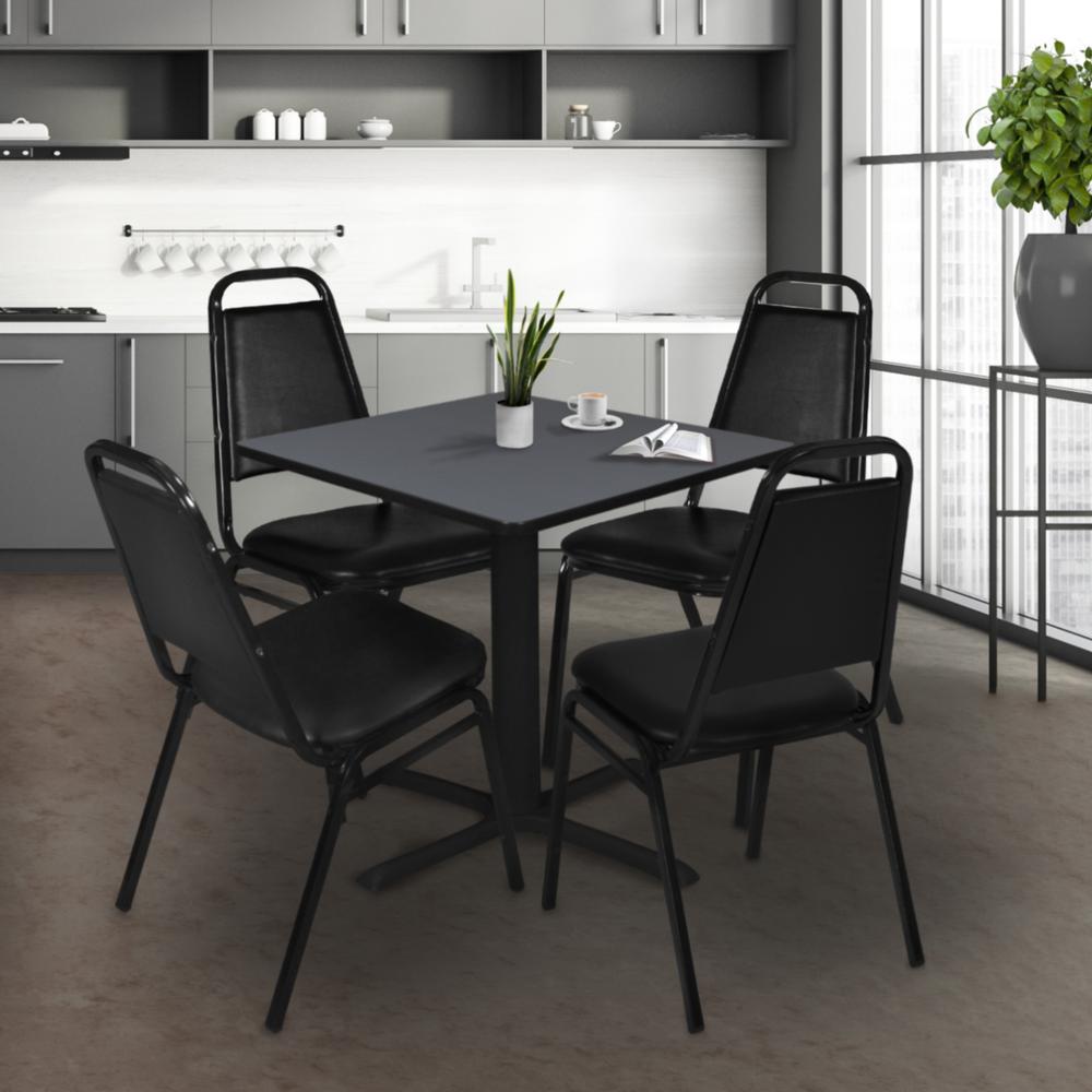 Cain 36" Square Breakroom Table- Grey & 4 Restaurant Stack Chairs- Black. Picture 2