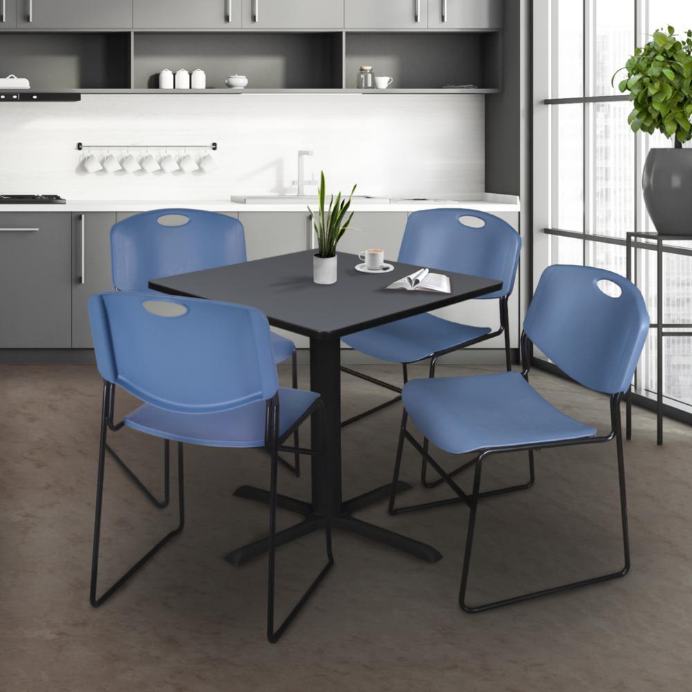 Cain 36" Square Breakroom Table- Grey & 4 Zeng Stack Chairs- Blue. Picture 2