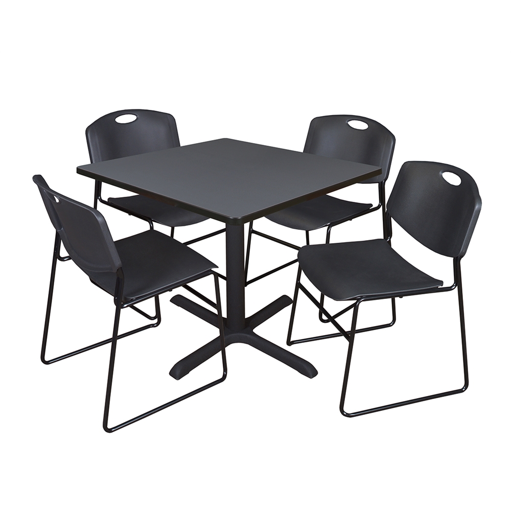 Cain 36" Square Breakroom Table- Grey & 4 Zeng Stack Chairs- Black. Picture 1