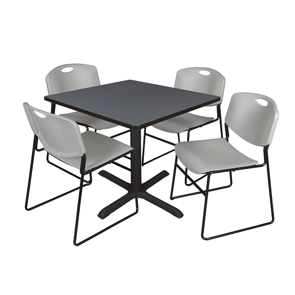 Cain 36" Square Breakroom Table- Grey & 4 Zeng Stack Chairs- Grey. Picture 1