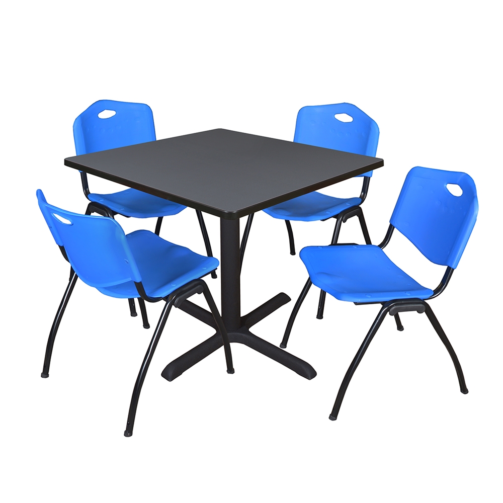 Cain 36" Square Breakroom Table- Grey & 4 'M' Stack Chairs- Blue. Picture 1