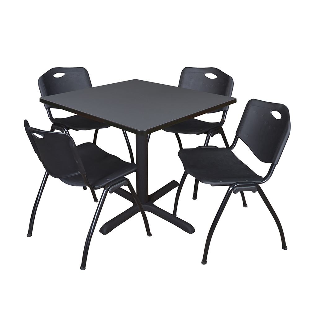 Cain 36" Square Breakroom Table- Grey & 4 'M' Stack Chairs- Black. Picture 1