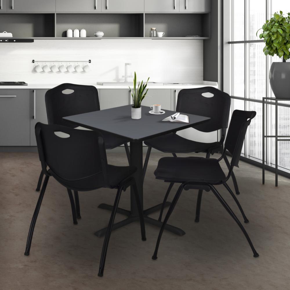 Cain 36" Square Breakroom Table- Grey & 4 'M' Stack Chairs- Black. Picture 2