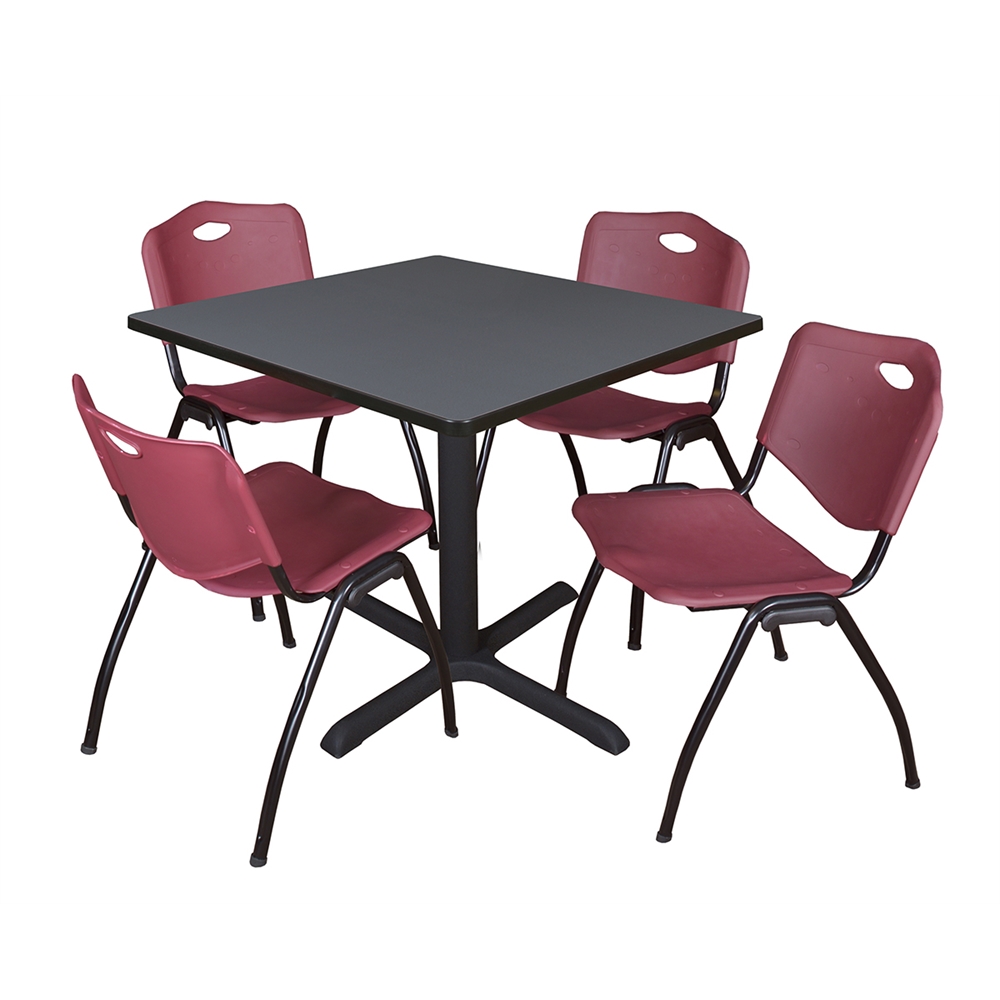 Cain 36" Square Breakroom Table- Grey & 4 'M' Stack Chairs- Burgundy. Picture 1